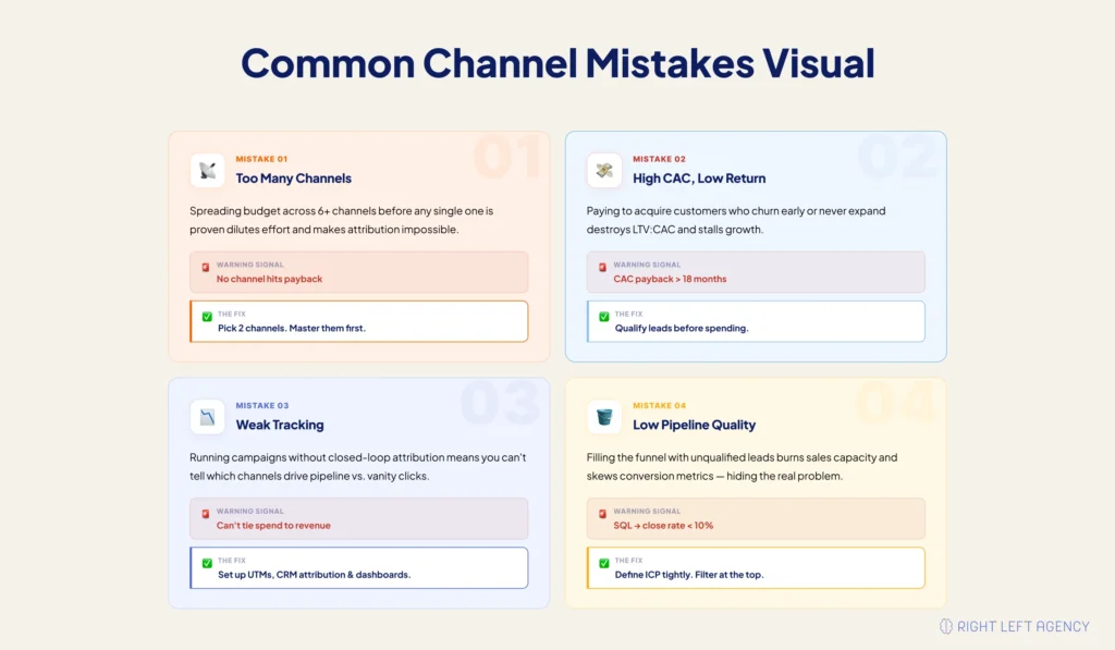 Common SaaS marketing channel mistakes including high CAC, weak tracking, and low pipeline quality.