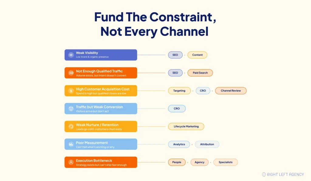 Decision framework showing which SaaS marketing investments to prioritize based on visibility, traffic, CAC, conversion, retention, attribution, and execution constraints.