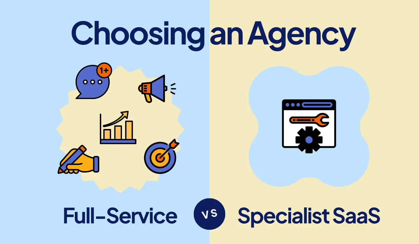 Split comparison showing full-service and specialist SaaS marketing agencies with different approaches to channel coordination and marketing expertise.