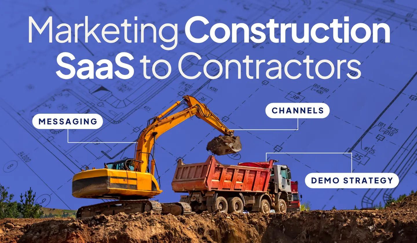 Right Left Agency construction SaaS marketing graphic showing office buyers and field users connected through messaging, channels, demos, and adoption.