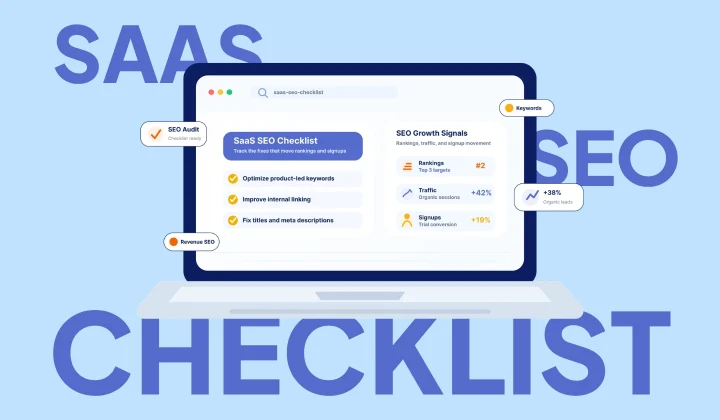 SaaS SEO checklist graphic showing rankings, traffic, and signup growth.